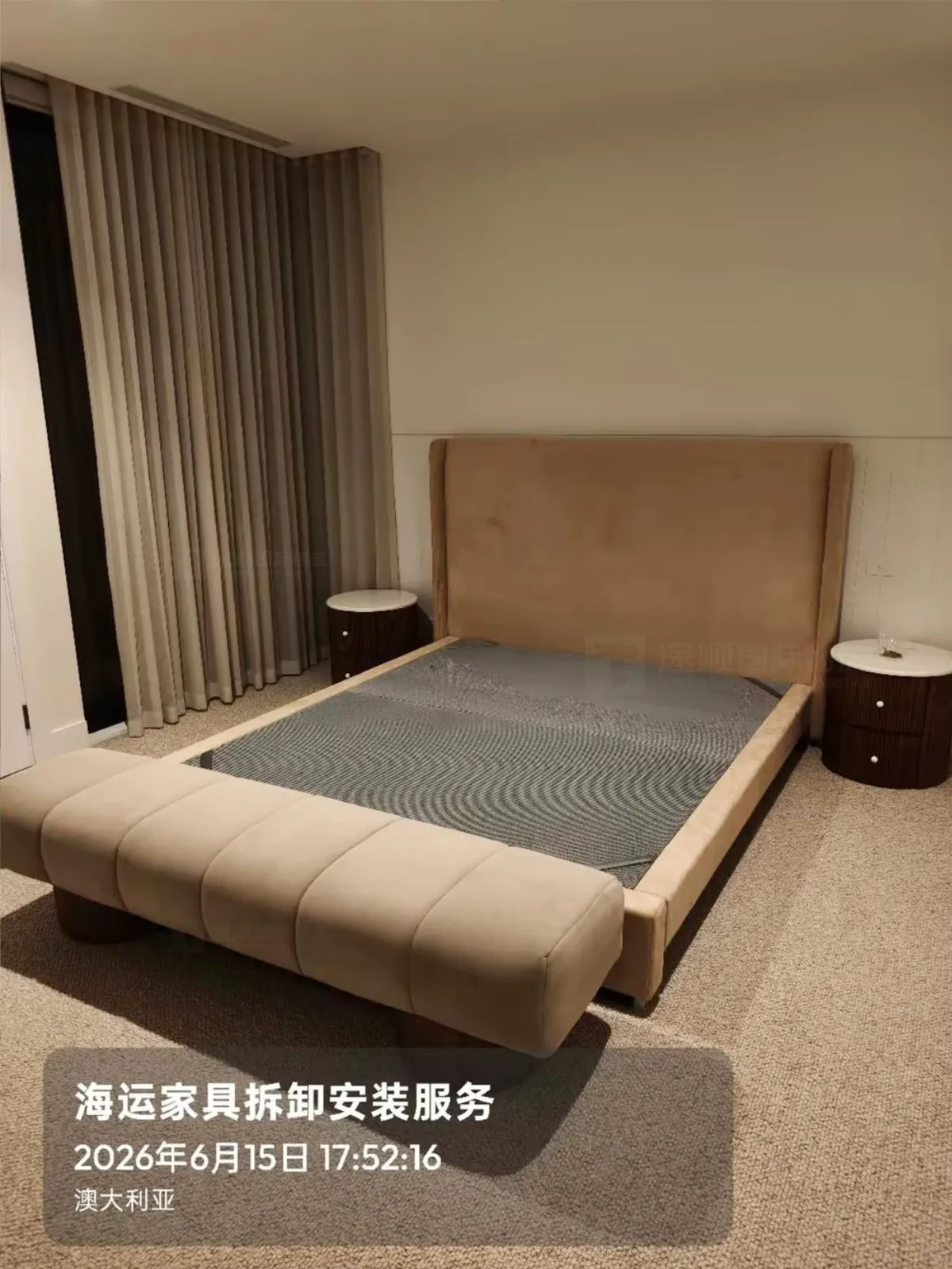 Upholstered bed installed in an Australian bedroom