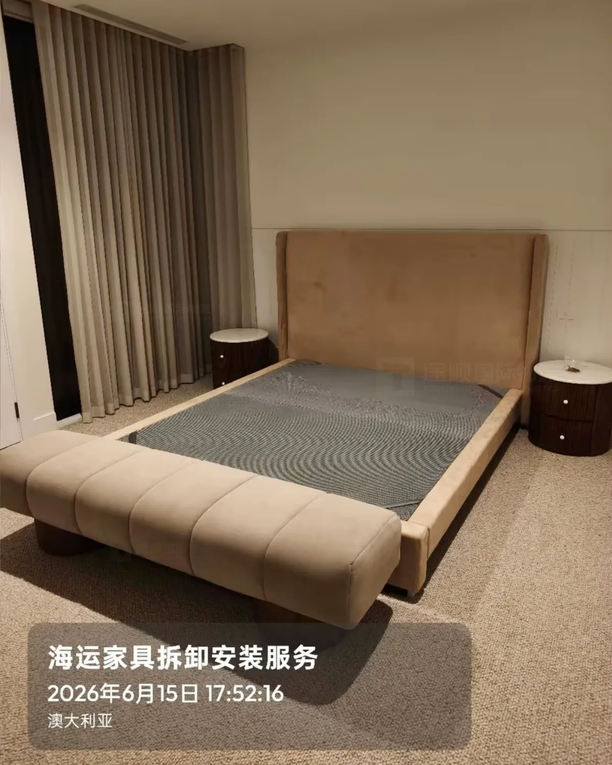 Upholstered bed installed in an Australian bedroom