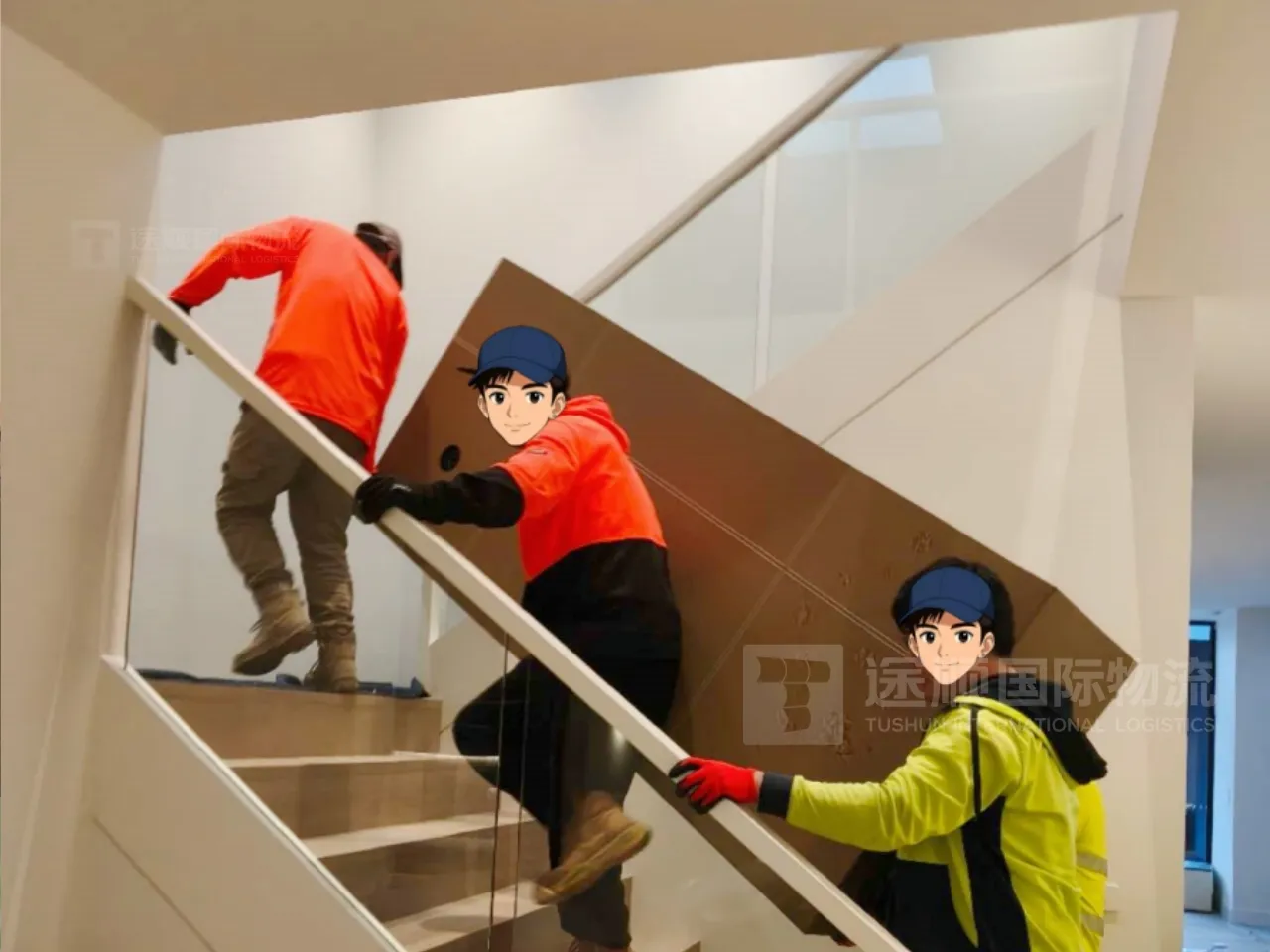 Crew carrying a crated piece up a staircase