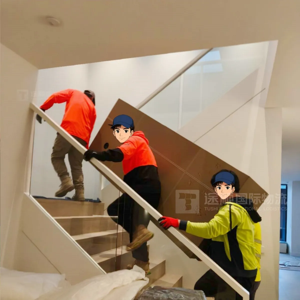 Crew carrying a crated piece up a staircase