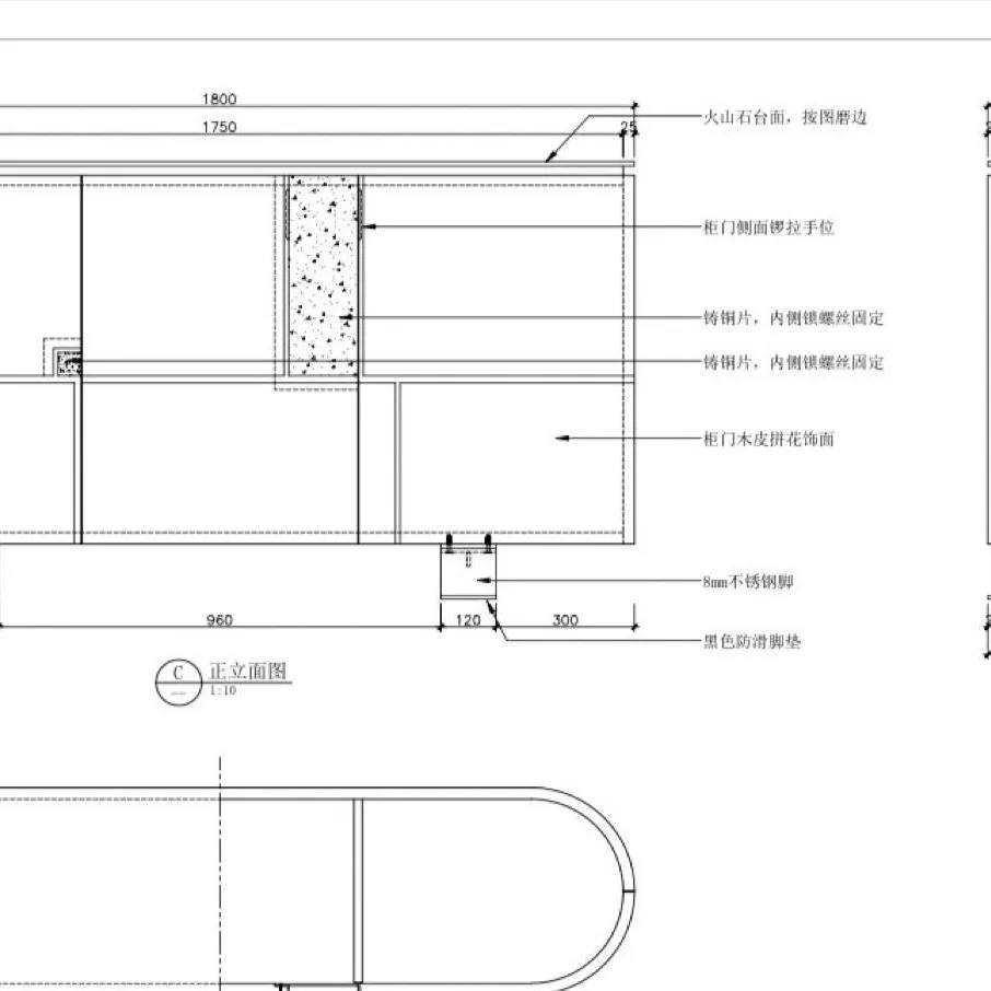 Furniture design drawing for a curved cabinet