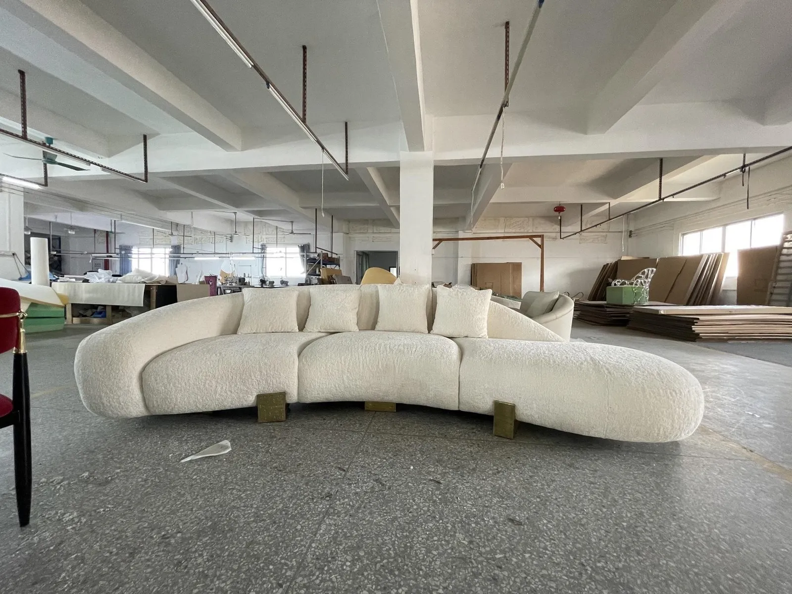 Curved modular sofa completed at the factory