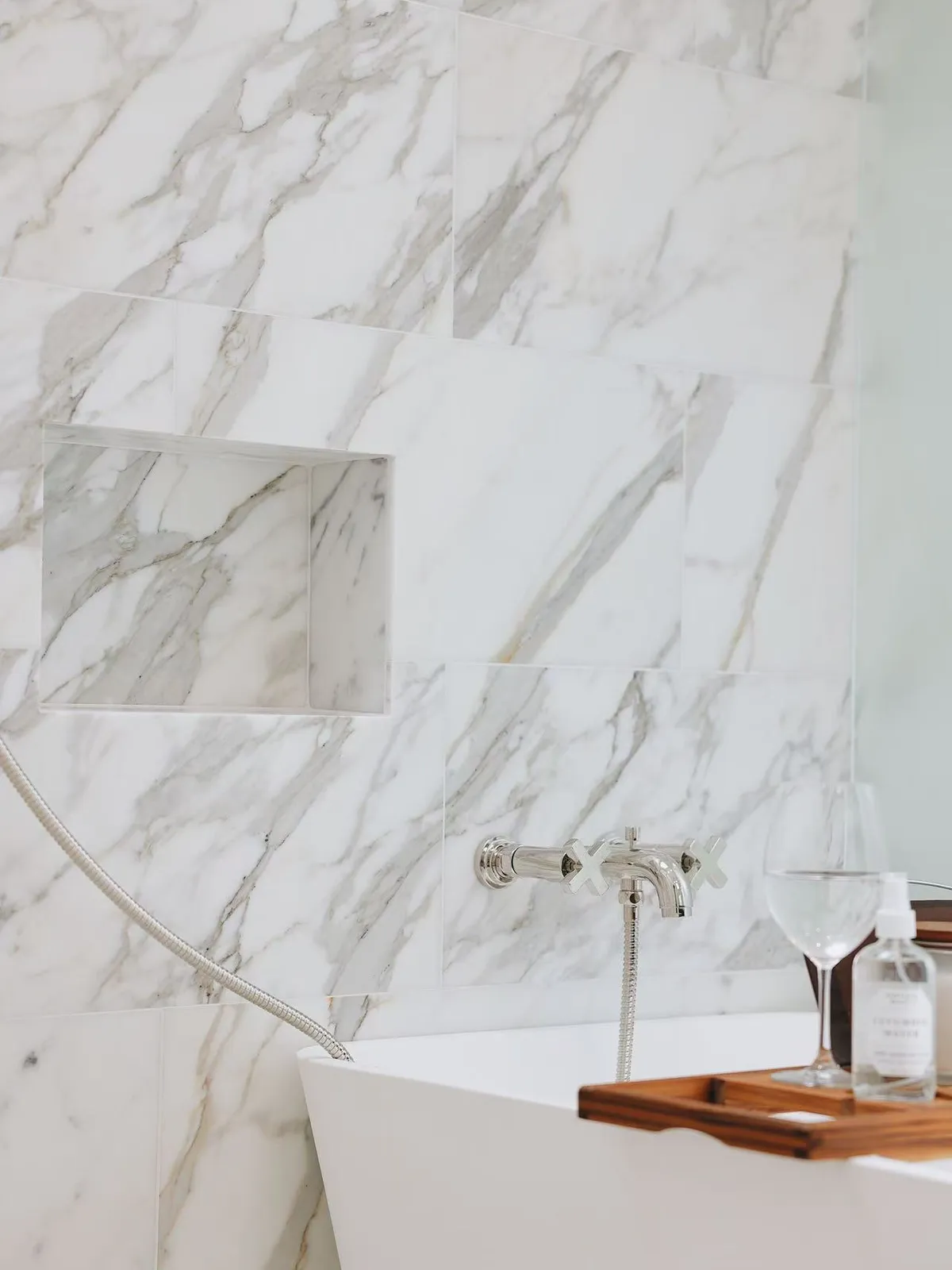Marble bathroom with freestanding bath, Menlo Park residence