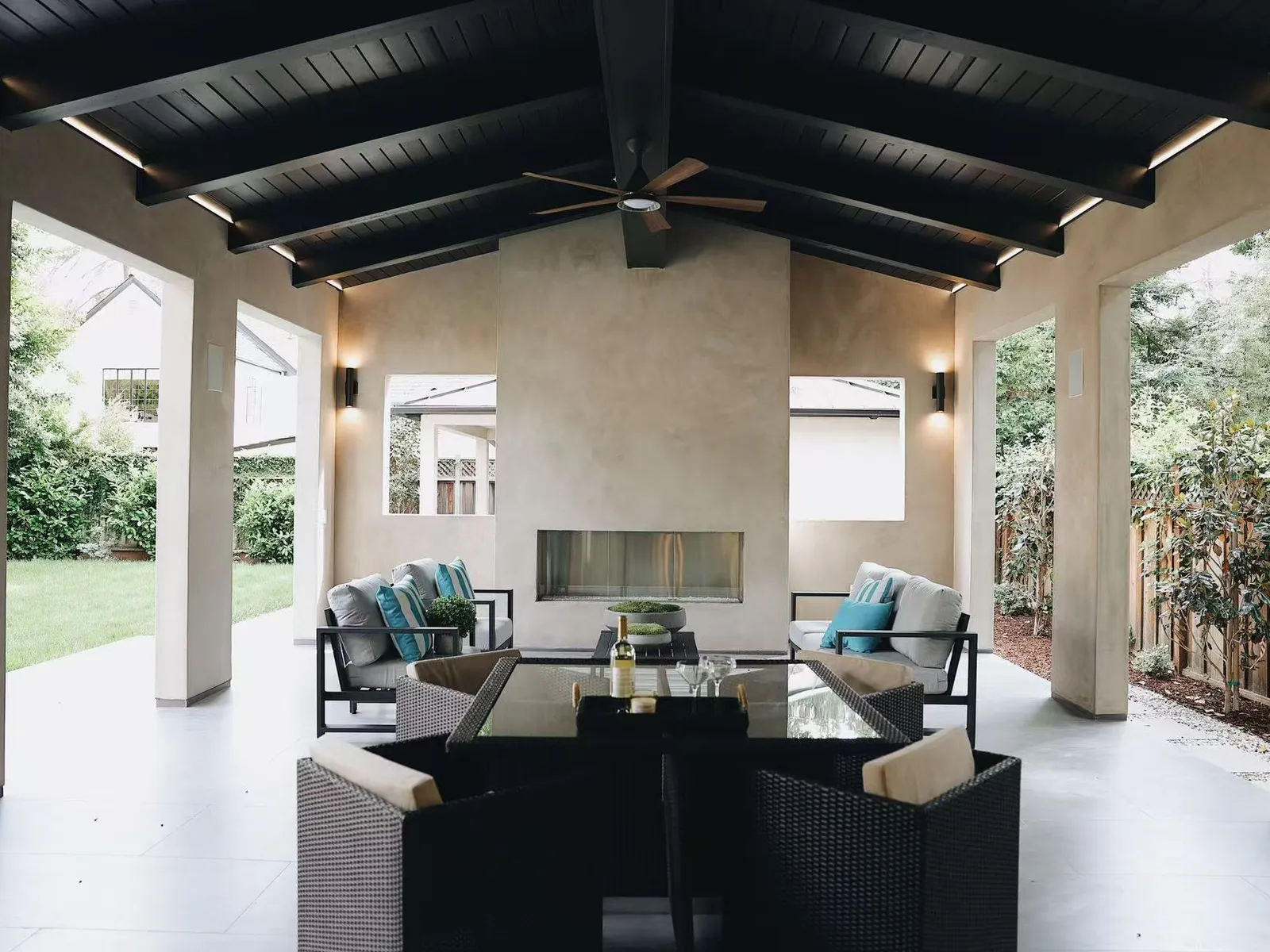 Covered terrace with outdoor seating, Menlo Park residence