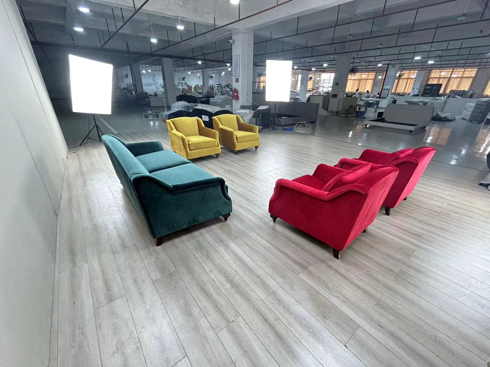 Finished chairs staged on the factory floor