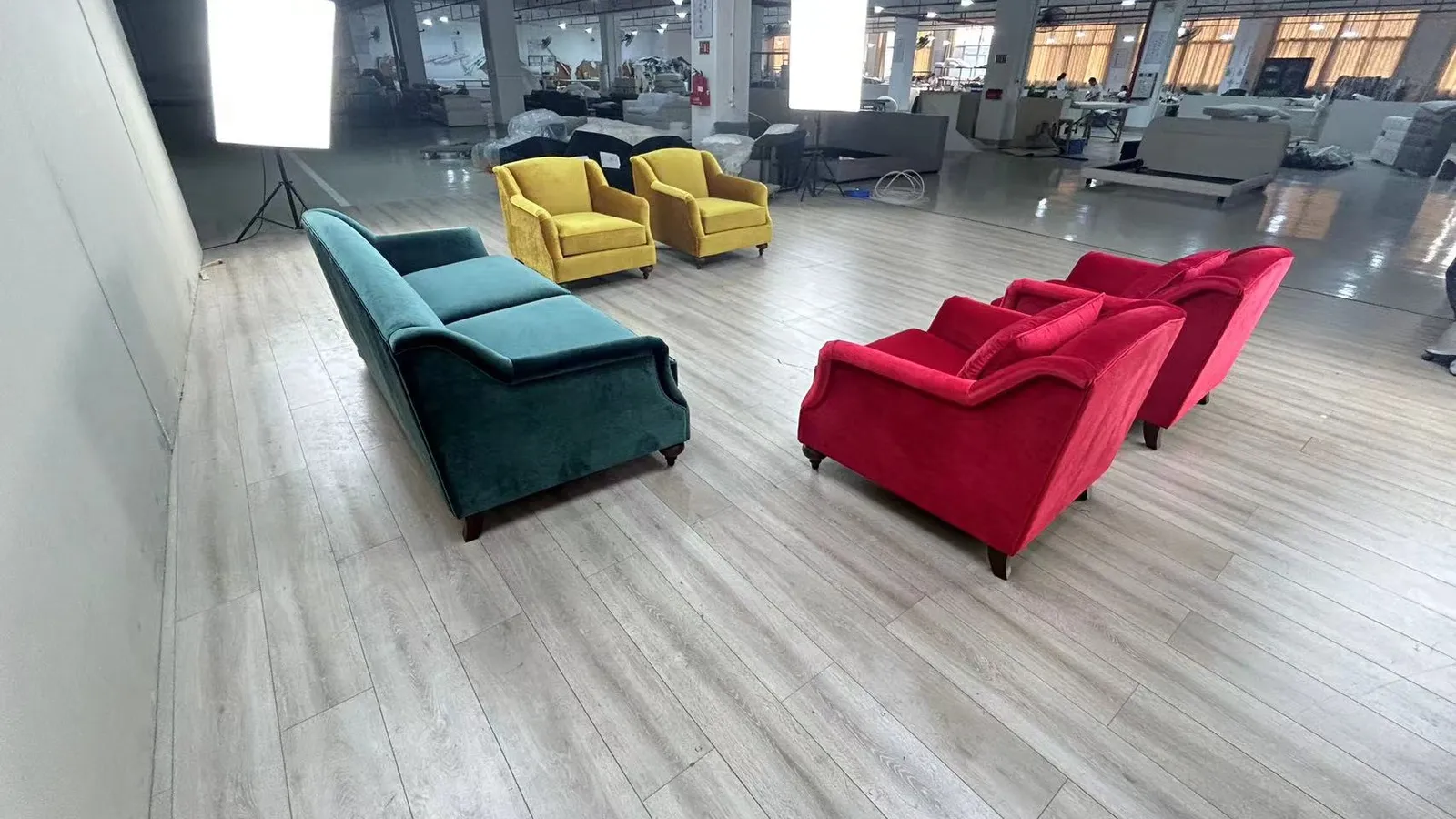 Finished chairs staged on the factory floor