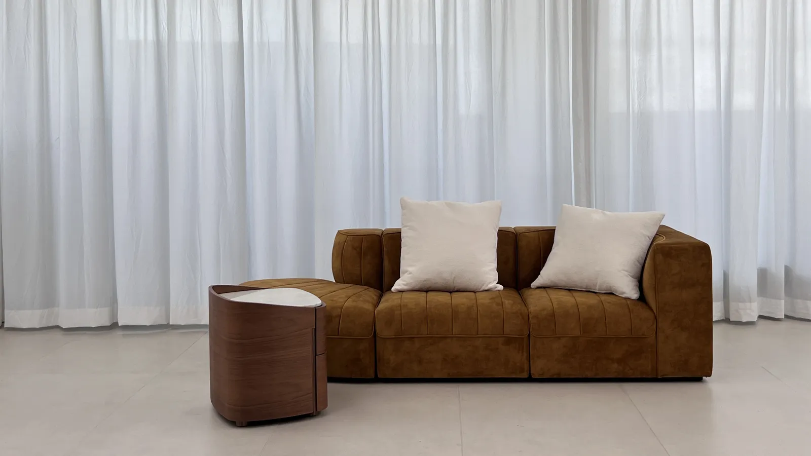 Modular sofa and side table assembled in the inspection studio