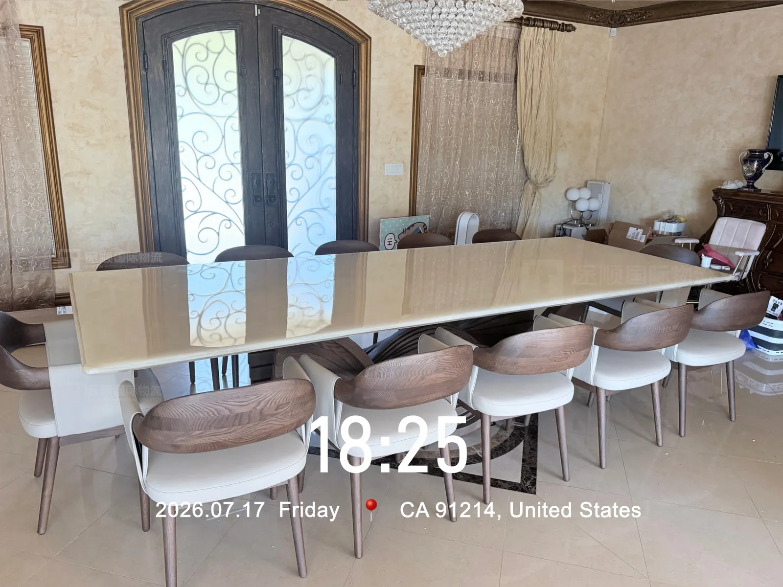 Long dining table and chairs installed