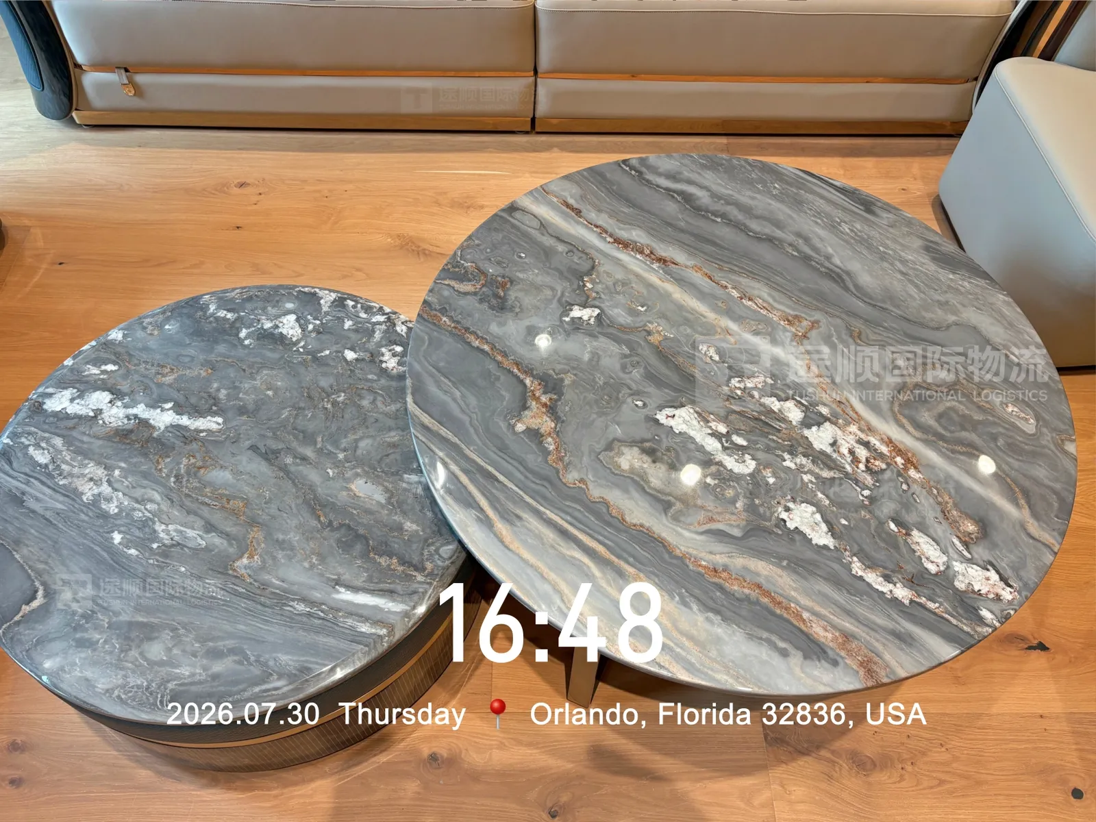 Stone table tops unpacked and checked in Orlando